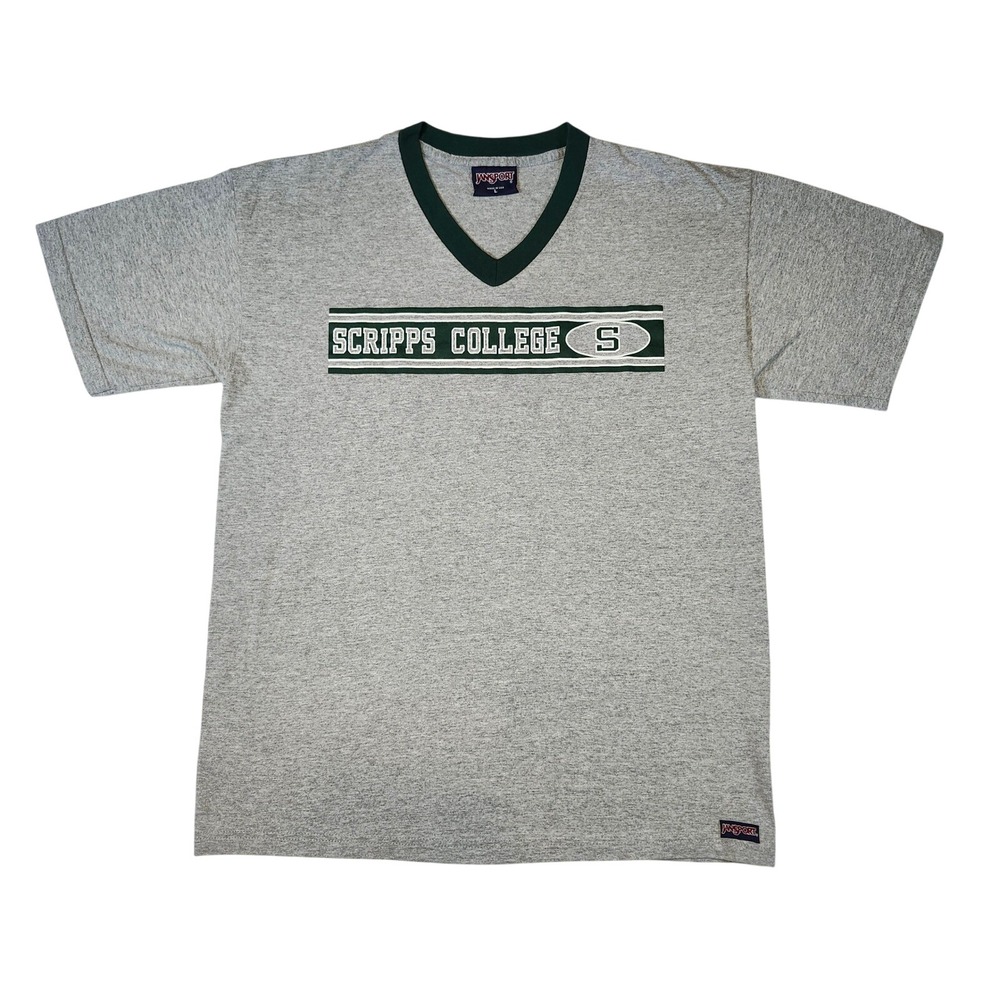 Jansport T-Shirt Mens Large Grey Excellent Scripps‎ College V-Neck Made in USA